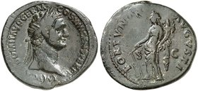 RÖMISCHE MÜNZEN. RÖMISCHE KAISERZEIT. Domitianus Augustus, 81 - 96. As. Rev. Stehende Fortuna.
RIC 544 10,75 g schwarzgrüne Patina, l. gebogen, ss...