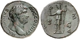 RÖMISCHE MÜNZEN. RÖMISCHE KAISERZEIT. Hadrianus, 117 - 138. Sesterz. Rev. Stehende Roma.
RIC 773; C. 1296 24,55 g schwarze Patina, ss