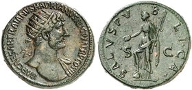 RÖMISCHE MÜNZEN. RÖMISCHE KAISERZEIT. Hadrianus, 117 - 138. Dupondius. Rev. Stehende Salus mit Patera und Ruder.
RIC 604a; C. 1358 14,63 g olivgrüne ...