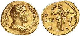 RÖMISCHE MÜNZEN. RÖMISCHE KAISERZEIT. Antoninus Pius Augustus, 138 - 161. Aureus. Rev. Stehende Liberalitas.
RIC 169b; Cal. 1579 Gold 7,18 g hohes Re...