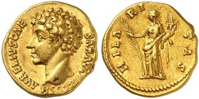 RÖMISCHE MÜNZEN. RÖMISCHE KAISERZEIT. Marcus Aurelius Caesar, 139 - 161. Aureus. Kopf n. links (!) / Stehende Hilaritas.
Cal. - Gold, RR ! 7,29 g f. ...