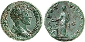 RÖMISCHE MÜNZEN. RÖMISCHE KAISERZEIT. Marcus Aurelius Caesar, 139 - 161. As. Rev. Salus steht vor Altar.
RIC 1324; C. 679 12,30 g olivgrüne Patina, l...