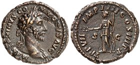 RÖMISCHE MÜNZEN. RÖMISCHE KAISERZEIT. Commodus Augustus, 177 - 192. As. Rev. Stehende Minerva.
RIC 338c; C. 818 9,81 g braune Patina, kl. Sfr., ss - ...