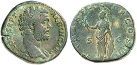 RÖMISCHE MÜNZEN. RÖMISCHE KAISERZEIT. Clodius Albinus Caesar, 193 - 195. Sesterz. Rev. Stehende Minerva.
RIC 54a; C. 49 24,44 g grüne Patina, ss