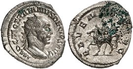 RÖMISCHE MÜNZEN. RÖMISCHE KAISERZEIT. Traianus Decius, 249 - 251. Antoninian. Rev. Reitender Kaiser.
RIC 11b; C. 4 4,72 g Rev. l. Oxidauflagen, vz / ...