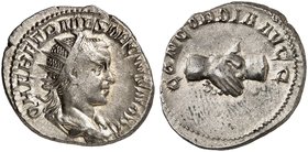 RÖMISCHE MÜNZEN. RÖMISCHE KAISERZEIT. Herennius Etruscus Caesar, 250 - 251. Antoninian. Rev. Handschlag.
RIC 138; C. 4 R ! 4,21 g min. dezentriert, f...