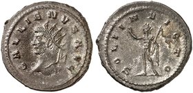 RÖMISCHE MÜNZEN. RÖMISCHE KAISERZEIT. Gallienus, 253 - 268. Antoninian. Linksbüste / Stehender Sol mit erhobener Hand und Peitsche.
RIC 286 var. 3,82...