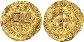 EUROPA. - BRABANT. Charles V., 1506-1555. Couronne d'or au soleil 1555, Antwerpen.
Friedb. 62, Delm. 102 Gold Rdf., l. gewellt, ss+