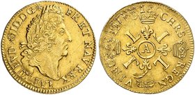 EUROPA. FRANKREICH. Louis XIV., 1643-1715. Louis d'or aux 4 L 1693 (?), A - Paris.
Friedb. 433, Dupl. 1440 A, Gad. 252 Gold ss