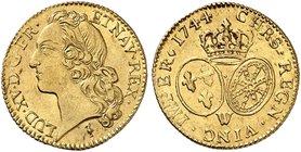 EUROPA. FRANKREICH. Louis XV., 1715-1774. Louis d'or au bandeau 1744, W - Lille.
Friedb. 464, Dupl. 1643, Gad. 341 Gold min. justiert, vz+