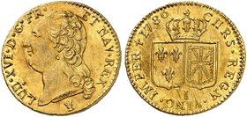 EUROPA. FRANKREICH. Louis XVI., 1774-1792. Louis d'or à la tête nue 1786, I - Limoges.
Friedb. 475, Dupl. 1707, Gad. 361 Gold l. justiert, vz
