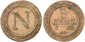 EUROPA. FRANKREICH. Napoleon I., 1804-1814, 1815. 5 Cent. (imes) 1808, BB - Strasbourg.
Gad. 127 nur ein Jahrgang geprägt ! f. ss