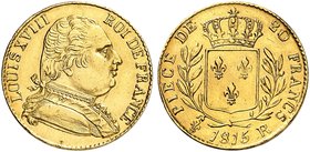 EUROPA. FRANKREICH. Louis XVIII., en exil 1815. 20 Francs au buste habillé 1815, R - London.
Friedb. 531, Gad. 1027, Schlumb. 119 Gold f. vz