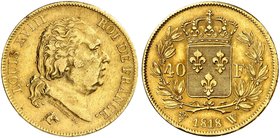 EUROPA. FRANKREICH. Louis XVIII., Second Gouvernement Royal, 1815-1824. 40 Francs 1818, W - Lille.
Friedb. 536, Gad. 1092, Schlumb. 131 Gold min. Rdf...