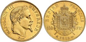 EUROPA. FRANKREICH. Napoléon III., 1852-1870. 100 Francs à la tête laurée 1869, A - Paris.
Friedb. 580, Gad. 1136, Schlumb. 326 Gold vz
