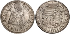 Erzherzog Ferdinand I., 1564-1595. Taler o. J., Hall.
Dav. 8094, Voglh. 87 / Var. 2, M. / T. 274 Stempelfehler, ss+