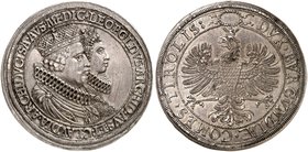 Erzherzog Leopold V., 1619-1632. Doppeltaler o. J. (1635), Hall, auf seine Vermählung mit Claudia von Medici.
Dav. 3331, M. / T. 487 kl. Kr., f. vz