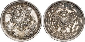 Karl VI., 1711-1740. Silbermedaille 1737 (von Nürnberger u. P. P. Werner, 55,7 mm), auf den Frieden mit Frankreich. Engel mit Brustbildern des Kaisers...