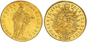 Joseph II., 1765-1790. Dukat 1782, Kremnitz.
Friedb. 196, Her. 17, Huszár 1863 Gold Kr. im Feld, f. vz