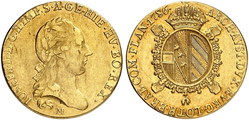 Joseph II., 1765-1790. Sovrano 1786, Mailand.
Friedb. 739a, Her. 111 Gold Rand ...