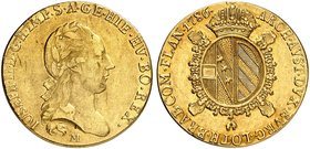 Joseph II., 1765-1790. Sovrano 1786, Mailand.
Friedb. 739a, Her. 111 Gold Rand l. manipuliert, ss - vz