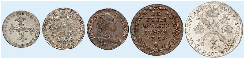 Joseph II., 1765-1790. Lot von 5 Stück: Liard 1788, Brüssel, 1/4 Kronentaler 178...