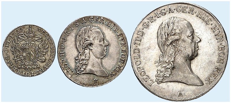Leopold II., 1790-1792. Lot von 3 Stück: Kronentaler 1790, Wien, 1/2 Kronentaler...