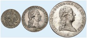 Leopold II., 1790-1792. Lot von 3 Stück: Kronentaler 1790, Wien, 1/2 Kronentaler 1791, Günzburg, 14 Liards 1792, Brüssel.
Dav. 1175, Voglh. 302, Her....