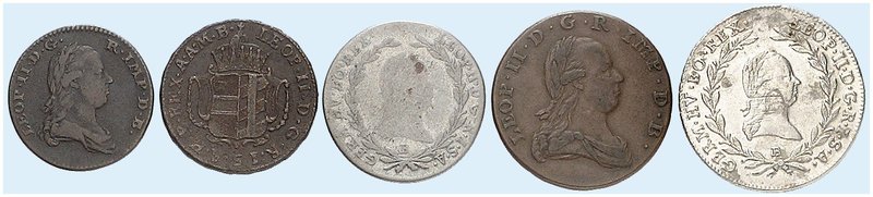 Leopold II., 1790-1792. Lot von 5 Stück: 10 Kreuzer 1791, 20 Kreuzer 1792, Kremn...
