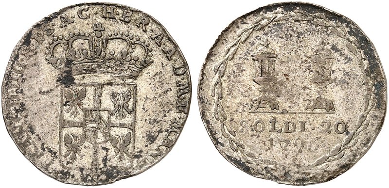Franz II. (I.), 1792-1835. 20 Soldi 1796, Belagerung von Mantua.
Her. 1207 l. P...