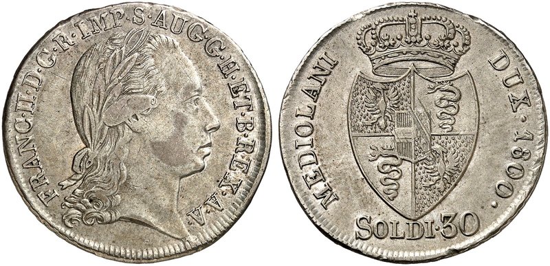 Franz II. (I.), 1792-1835. 30 Soldi 1800, Mailand.
Her. 620 kl. Rdf., ss