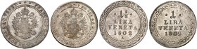 Franz II. (I.), 1792-1835. Lot von 2 Stück: 1 Lira o. Mzz., 1 1/2 Lire 1802, Wien, für Venedig.
Her. 582, 578 l. Prägeschwäche, ss, f. vz