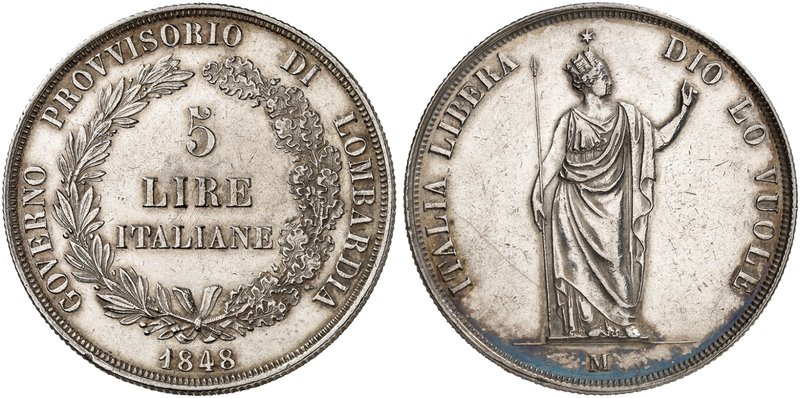 Revolution, 1848-1849. 5 Lire 1848, Mailand.
Dav. 206, Her. 4 gereinigt, kl. Kr...