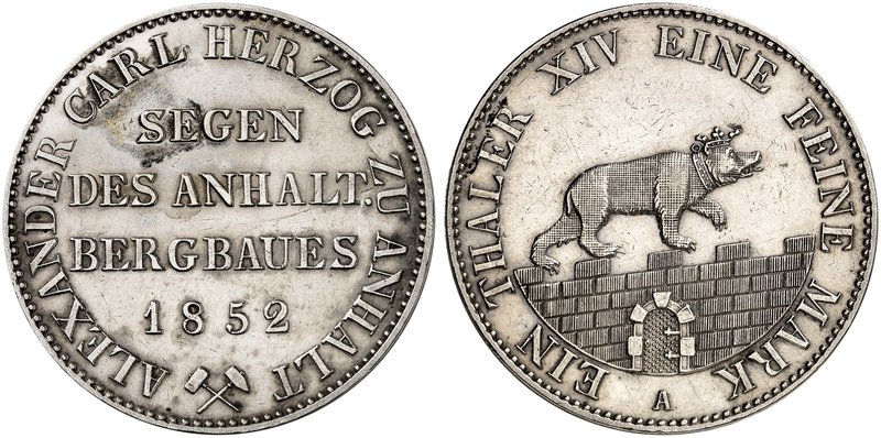 ANHALT - BERNBURG. Alexander Carl, 1834-1863. Ausbeutetaler 1852 A.
Thun 3, AKS...