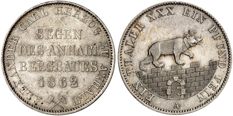 ANHALT - BERNBURG. Alexander Carl, 1834-1863. Ausbeutevereinstaler 1862 A.
Thun...