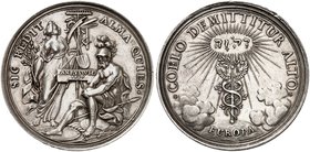 AUGSBURG. Silbermedaille 1697 (von P. H. Müller, 45,5 mm), auf den Frieden von Rijswijk. Mars sitzt n. links, daneben stehende Pax / Merkurstab auf Er...