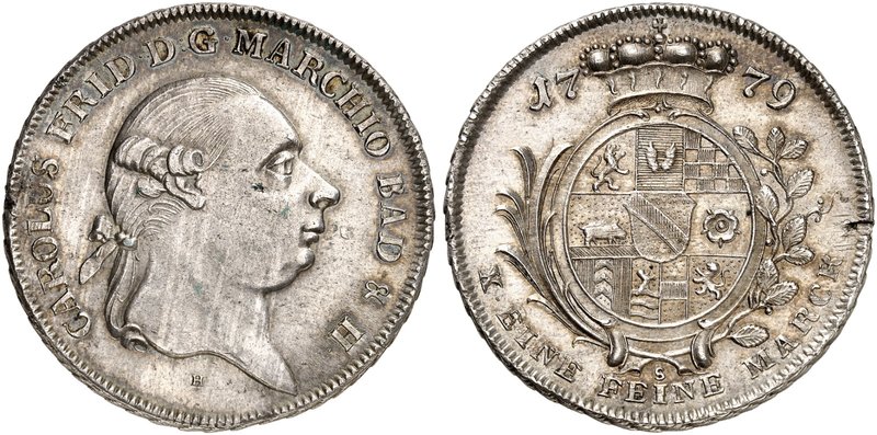BADEN - DURLACH. Karl Friedrich, 1738-1811. Konventionstaler 1779.
Dav. 1935, W...