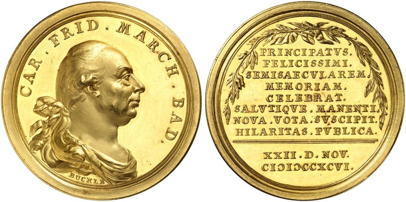 BADEN - DURLACH. Karl Friedrich, 1738-1811. Goldmedaille zu 10 Dukaten 1796 (179...
