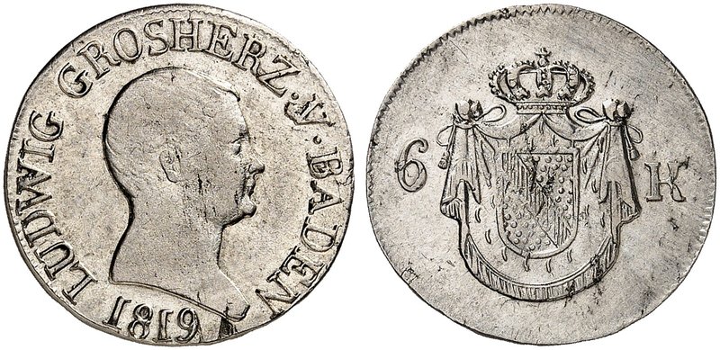BADEN - DURLACH. Ludwig I., 1818-1830. 6 Kreuzer 1819, Ziffer 1 in der Jahreszah...