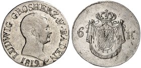BADEN - DURLACH. Ludwig I., 1818-1830. 6 Kreuzer 1819, Ziffer 1 in der Jahreszahl spiegelverkehrt.
AKS 58 Var., J. 22 min. Sfr., ss+
