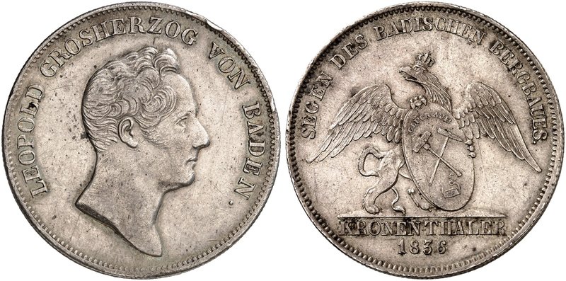 BADEN - DURLACH. Karl Leopold Friedrich, 1830-1852. Ausbeutekronentaler 1836.
T...