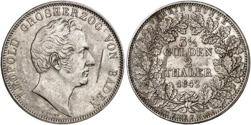 BADEN - DURLACH. Karl Leopold Friedrich, 1830-1852. Doppeltaler 1842.
Thun 24, ...