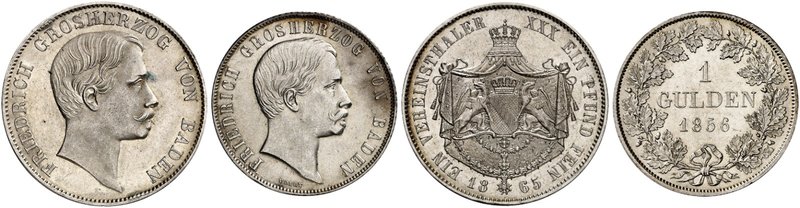 BADEN - DURLACH. Friedrich I., als Großherzog, 1856-1907. Lot von 2 Stück: 1 Gul...