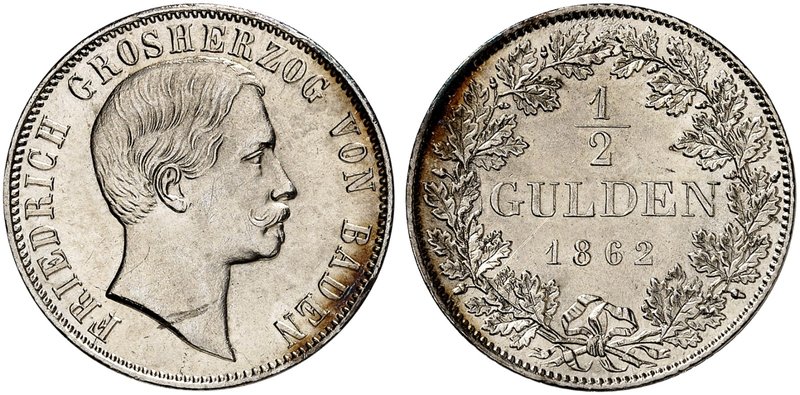 BADEN - DURLACH. Friedrich I., als Großherzog, 1856-1907. 1/2 Gulden 1862.
AKS ...