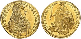 BAYERN. Maximilian II. Emanuel, 1679-1726. Dukat 1687.
Friedb. 217, Witt. - , vgl. 1601, Hahn 202 Gold, Prachtexemplar, RRR ! St
