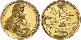 BAYERN. Maximilian II. Emanuel, 1679-1726. Vergoldete Bronzemedaille 1688 (von G. Hautsch, 42,4 mm), auf die Eroberung von Belgrad. Brustbild / Karte ...