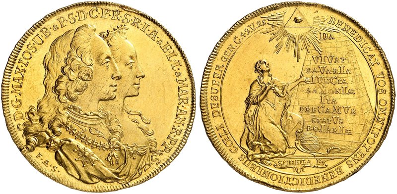 BAYERN. Maximilian III. Joseph, 1745-1777. 5 Dukaten 1747 (Chronogramm, von F. A...