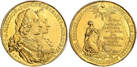 BAYERN. Maximilian III. Joseph, 1745-1777. 5 Dukaten 1747 (Chronogramm, von F. A. Schega), auf seine Vermählung mit Maria Anna von Sachsen.
Friedb. 2...