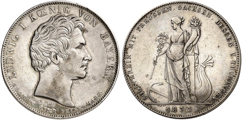 BAYERN. Ludwig I., 1825-1848. Geschichtstaler 1833, "ZOLLVEREIN".
Thun 61, AKS ...