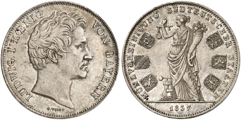 BAYERN. Ludwig I., 1825-1848. Geschichtsdoppeltaler 1837, "MÜNZVEREINIGUNG".
Th...